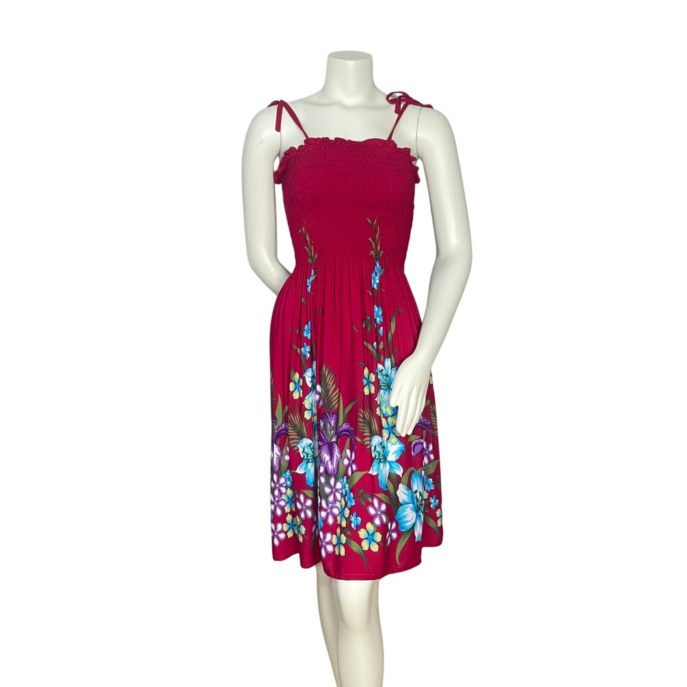 Hawaiian Dress Floral Shirred Smocked Tie Shoulder One Size Pink Tropical Women